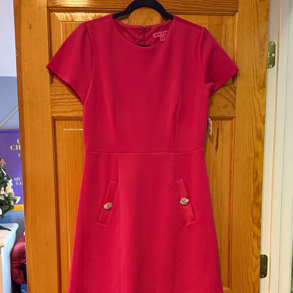 Betsey Johnson Hot Pink Short-Sleeve Shift Dress with Jeweled Pocket Accents
